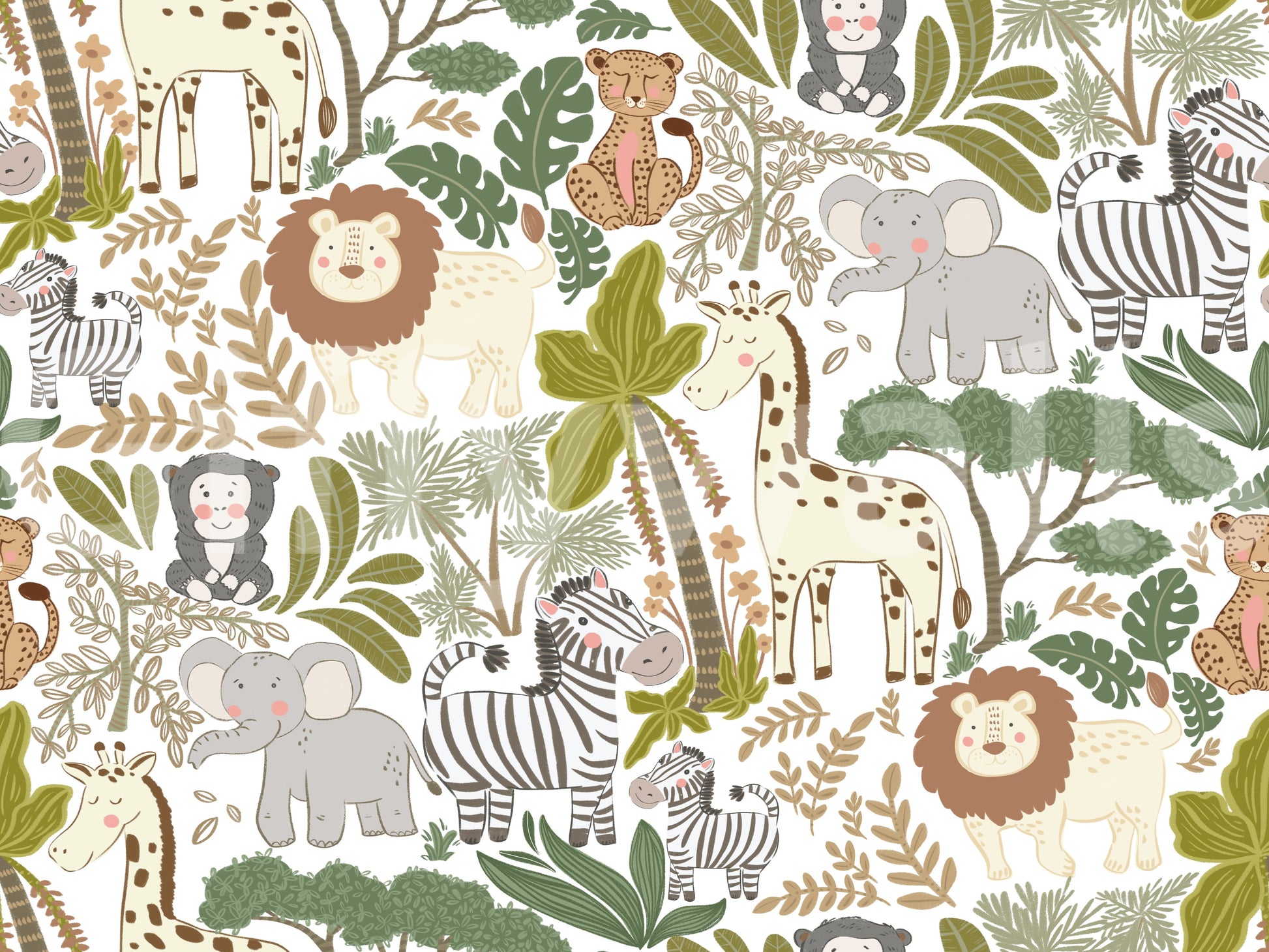 Kids safari wallpaper with cheerful wildlife and leafy forest details