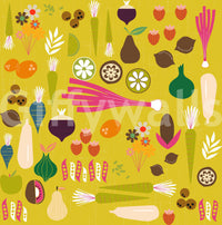 Vegetable wall wallpaper with playful harvest elements and warm colours