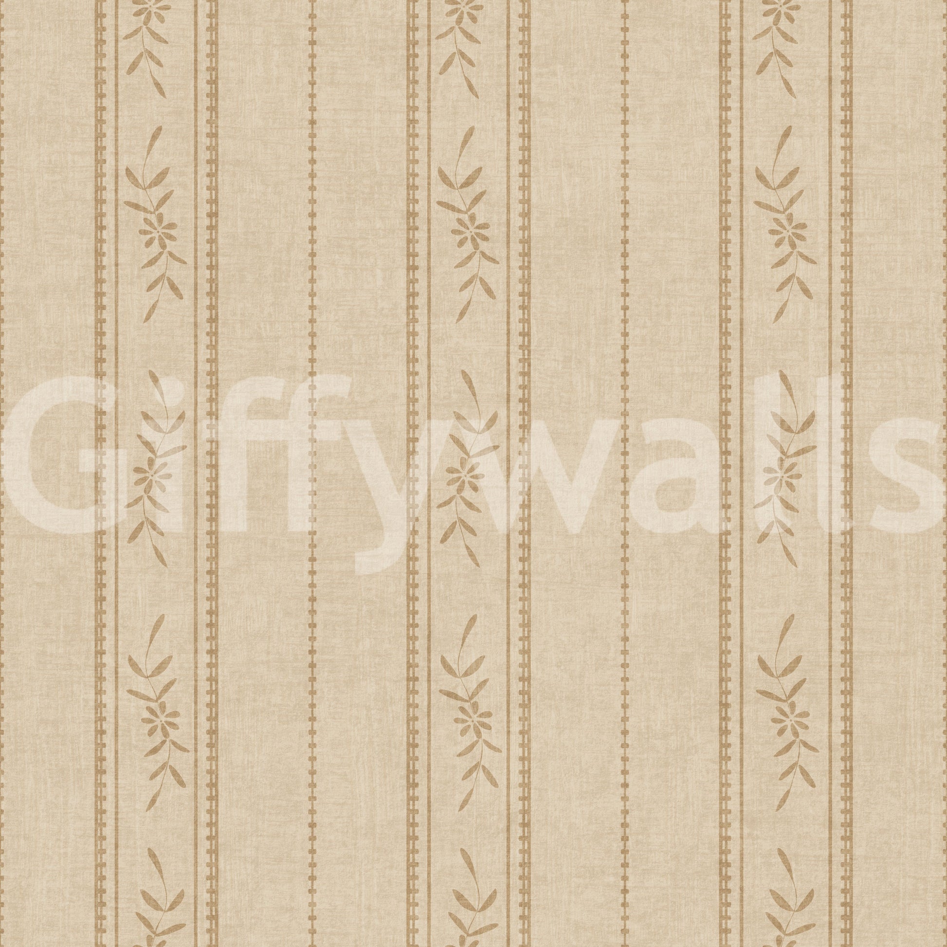 Sand Beige Floral Wallpaper with ticking stripe lines and soft linen texture
