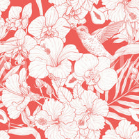 White Hummingbird line art among Tropical Florals on a bold coral wallpaper surface