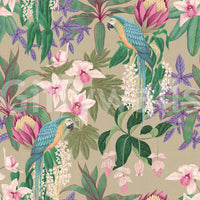 Tropical Macaw & Orchid Bloom wallpaper with garden-style leaf artwork