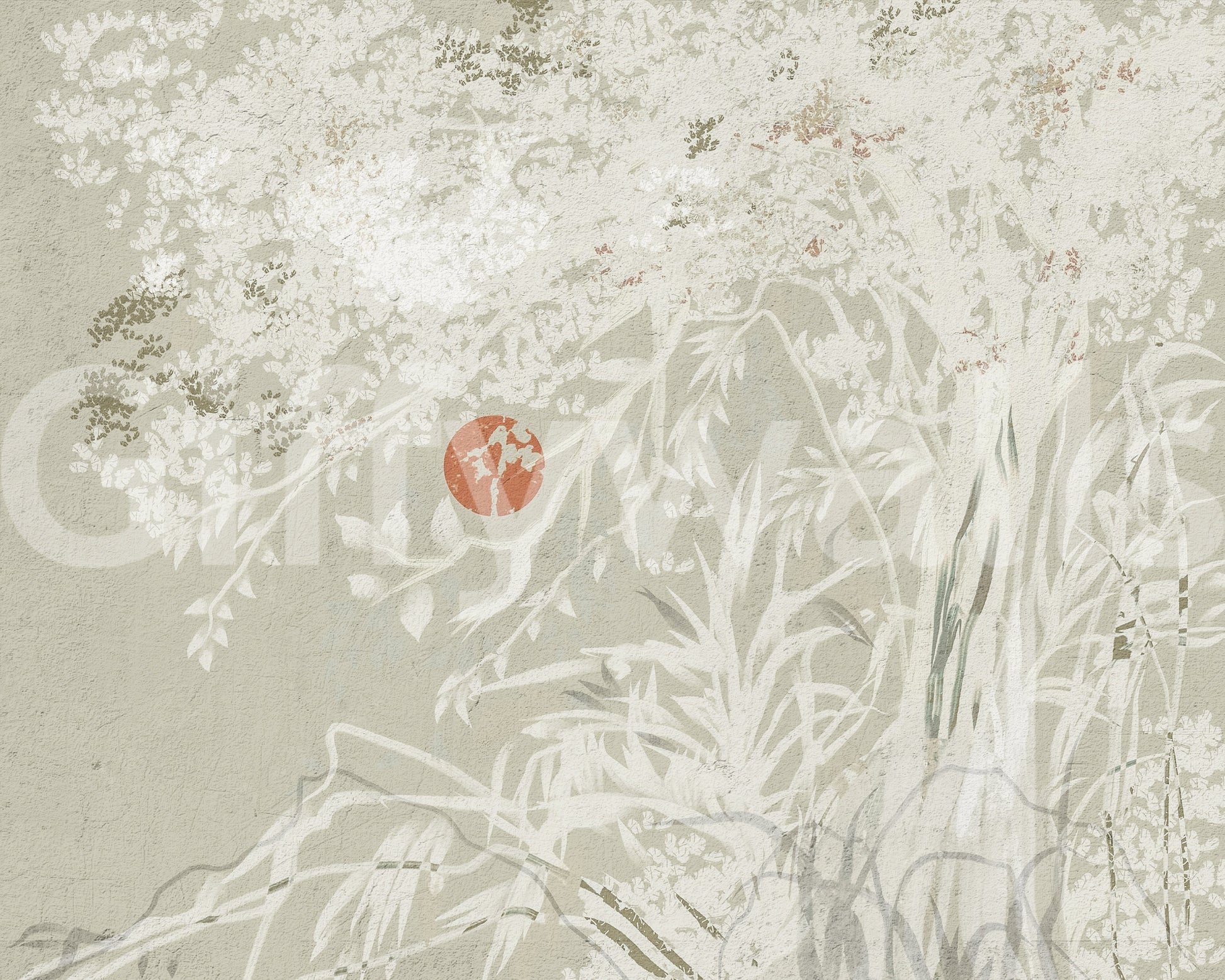 Serene Japanese Oriental mural with subtle leaves and soft Red Moon focus