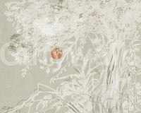Serene Japanese Oriental mural with subtle leaves and soft Red Moon focus