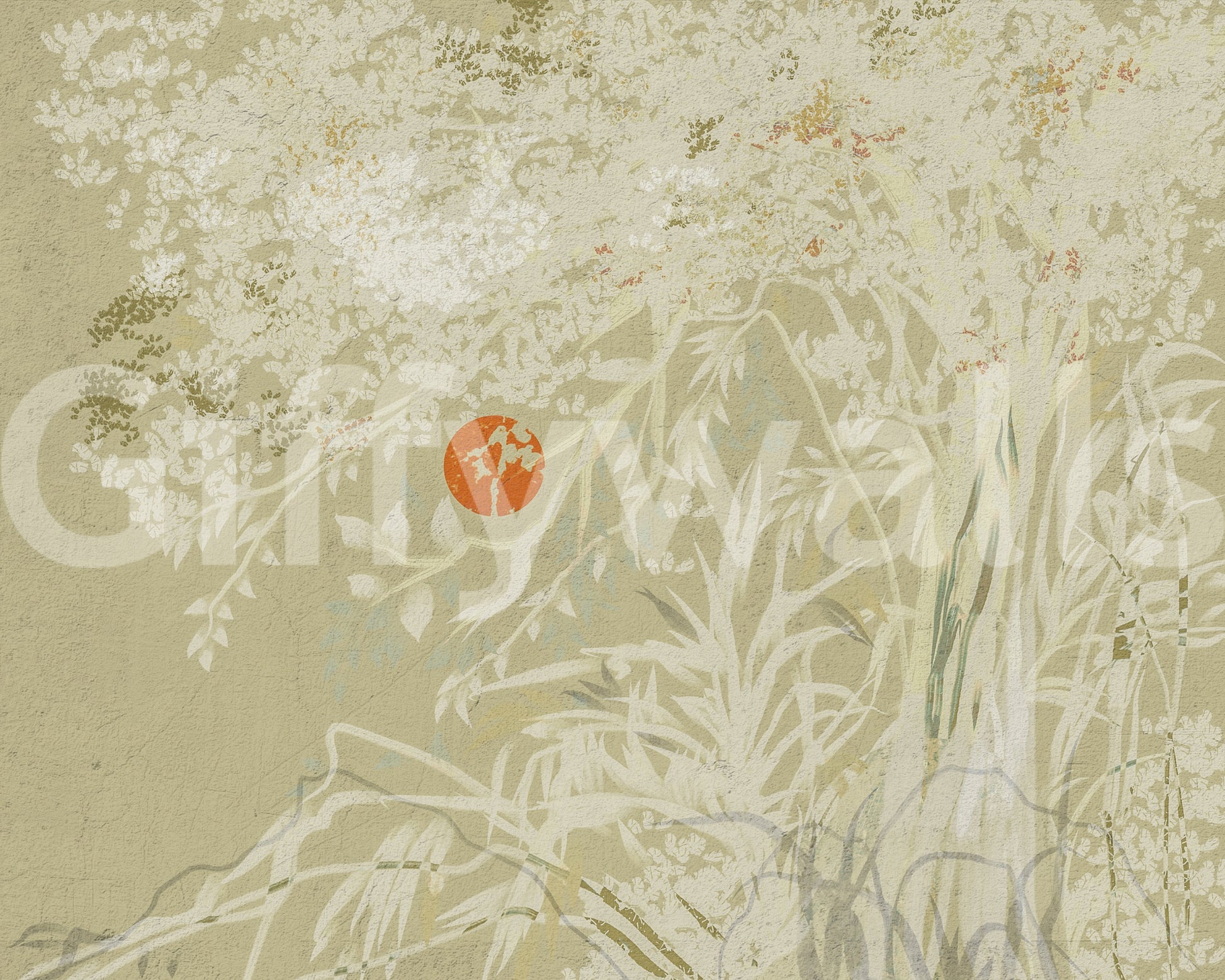 Zen landscape wall mural showing elegant foliage and a quiet neutral palette