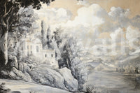 Classic Lakeside Vista mural presenting a heritage house beside tranquil water