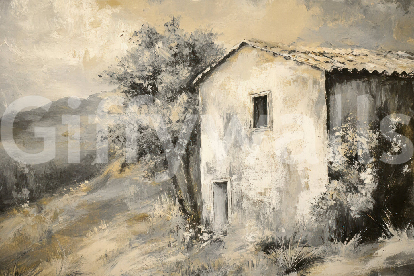 Rustic Retreat mural with weathered walls, soft shadows, and quiet terrain