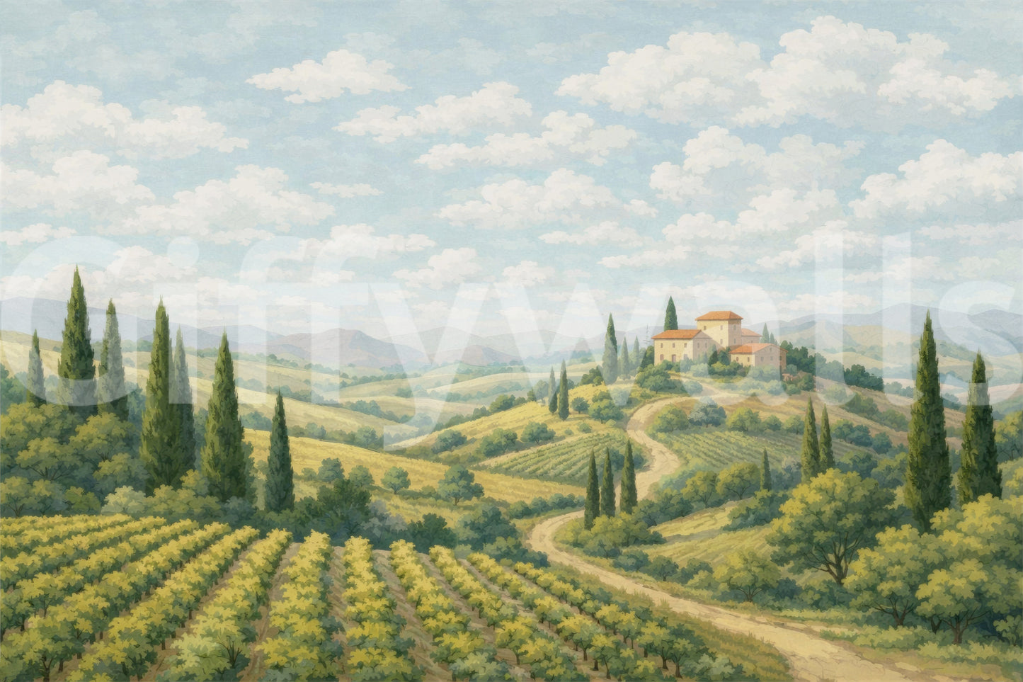 Tuscan Vineyard Vista design with scenic villa artwork and soft greenery