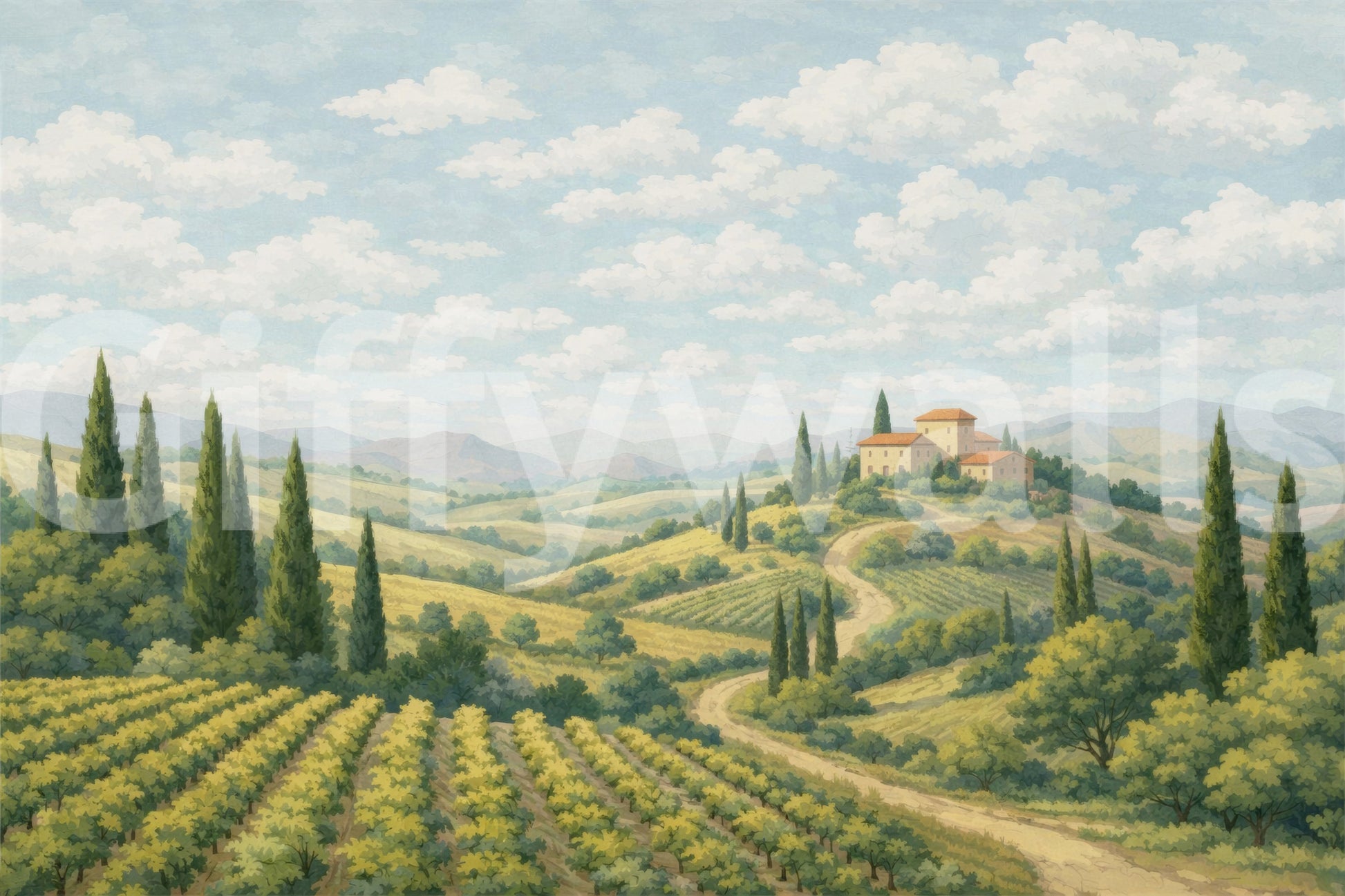Tuscan Vineyard Vista design with scenic villa artwork and soft greenery