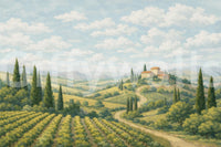 Tuscan Vineyard Vista design with scenic villa artwork and soft greenery