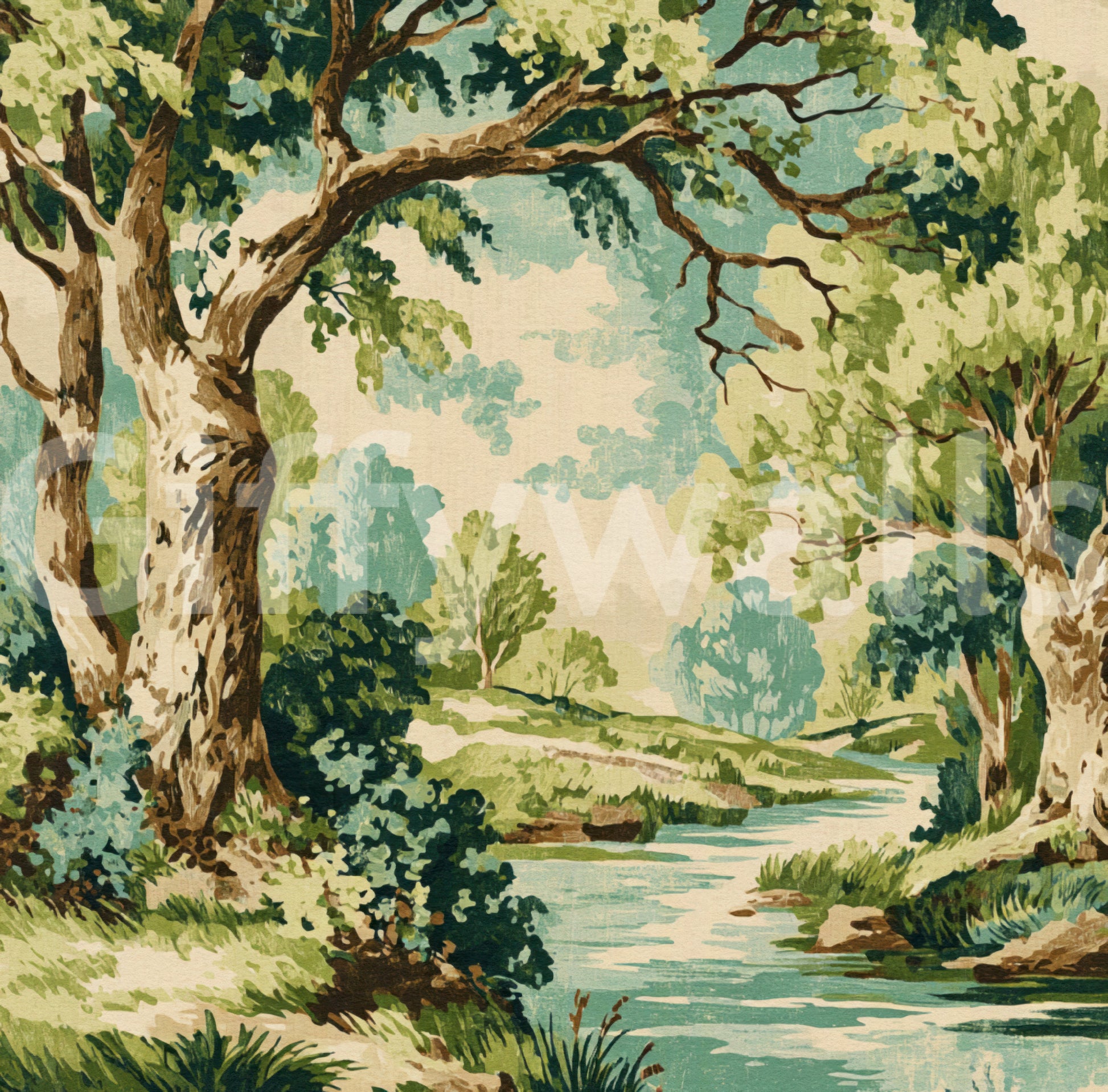 Tranquil Forest Stream design with painterly branches and fresh green tones