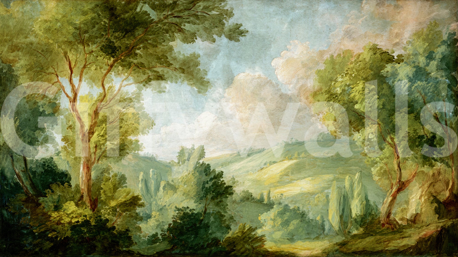 Painted landscape mural showing tree branches and distant valley tones