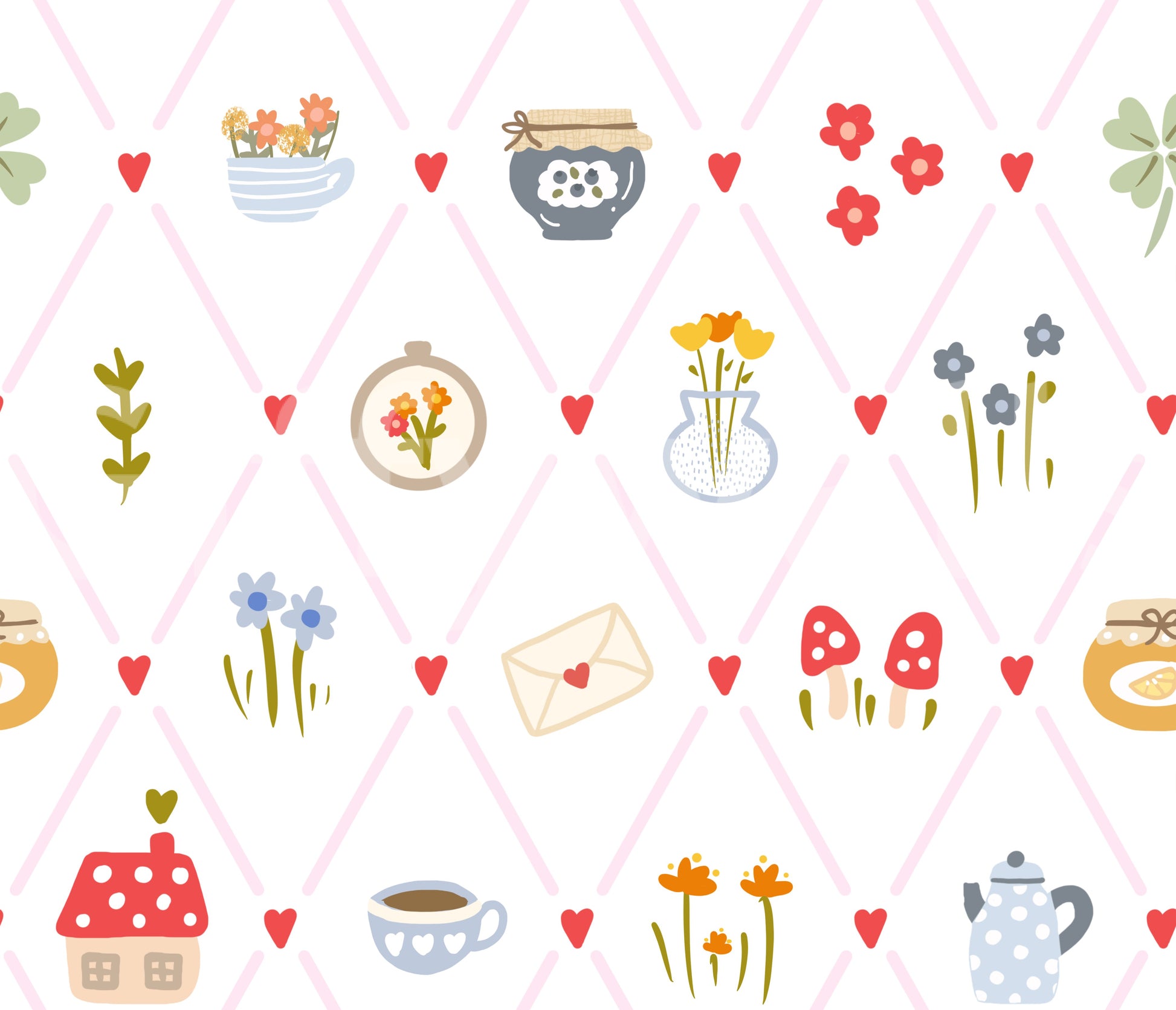 Whimsical wallpaper with flower pots, teapots, hearts, and handmade-style art