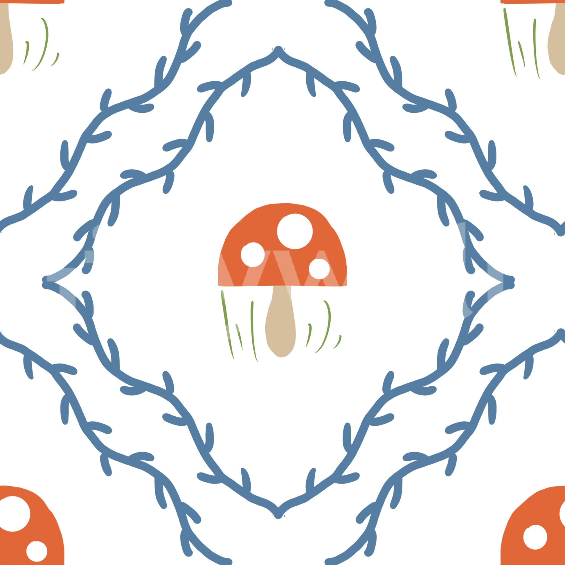 Full repeat view of the Whimsical Mushroom Vines wallpaper with blue vines