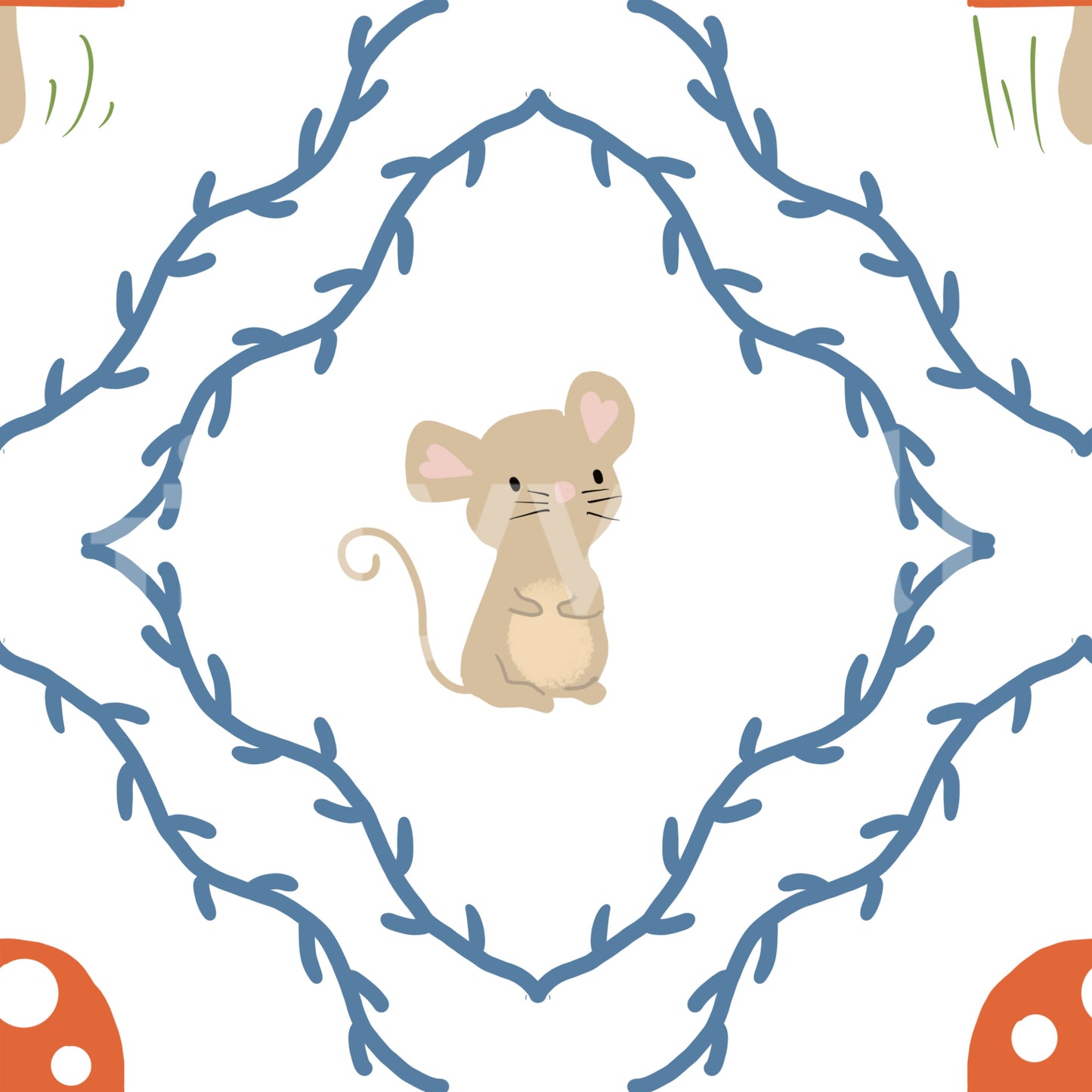Blue branching vines forming diamond shapes on Woodland Mouse wallpaper