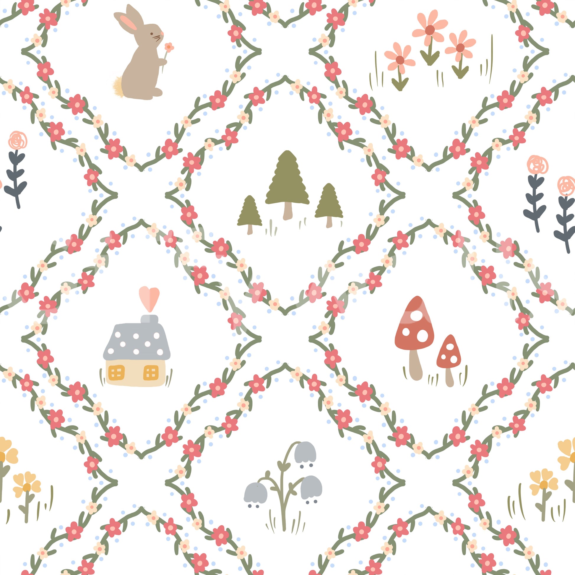 Olive-green vine lattice connecting diamond shapes on Whimsical Woodland wallpaper