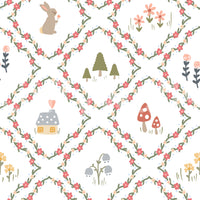 Olive-green vine lattice connecting diamond shapes on Whimsical Woodland wallpaper