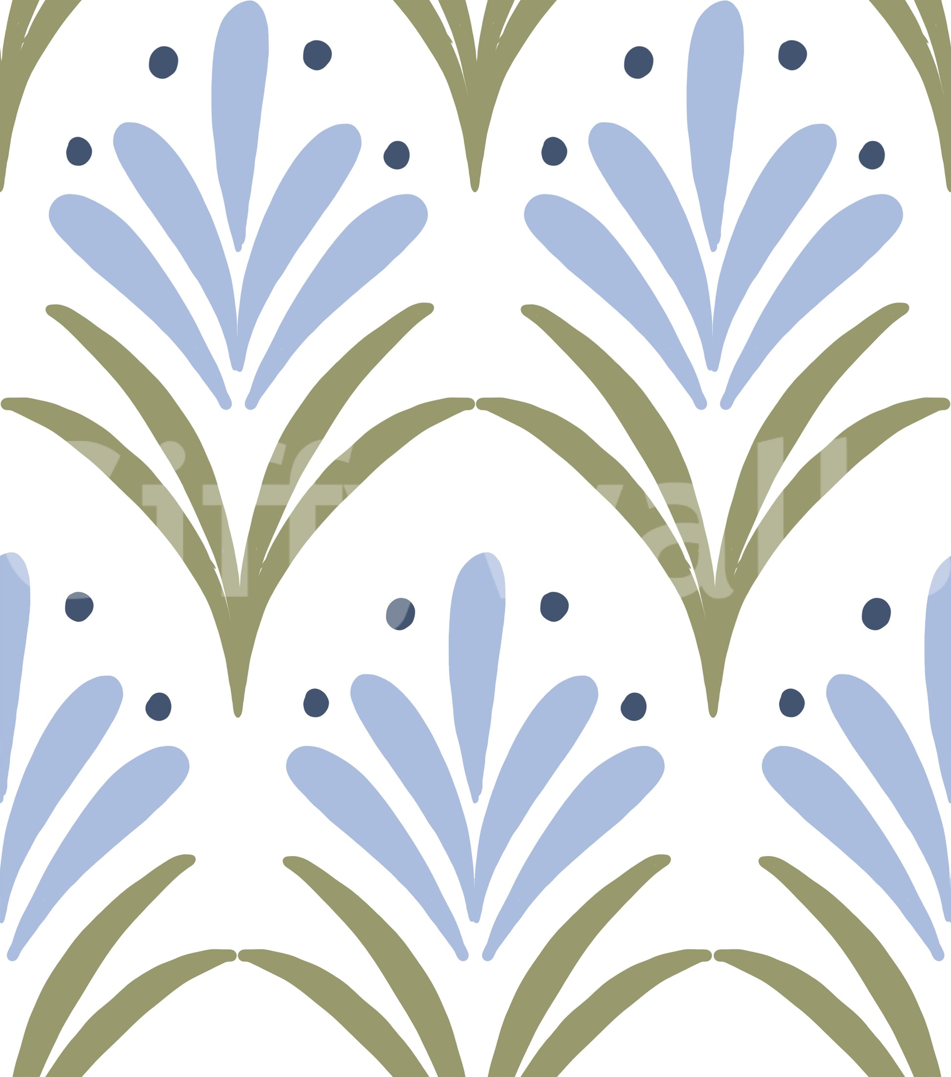 Olive leaf curves framing blue petals in Art Deco Floral wallpaper