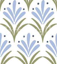 Olive leaf curves framing blue petals in Art Deco Floral wallpaper