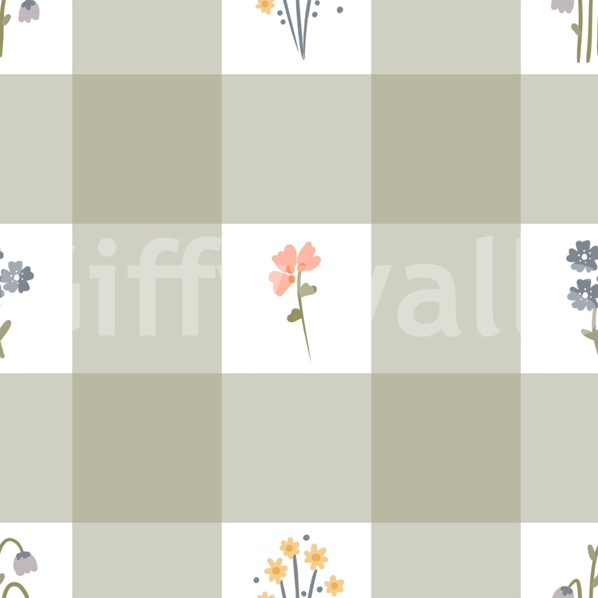Blue grey florets and golden blooms on the Gingham Floral wallpaper