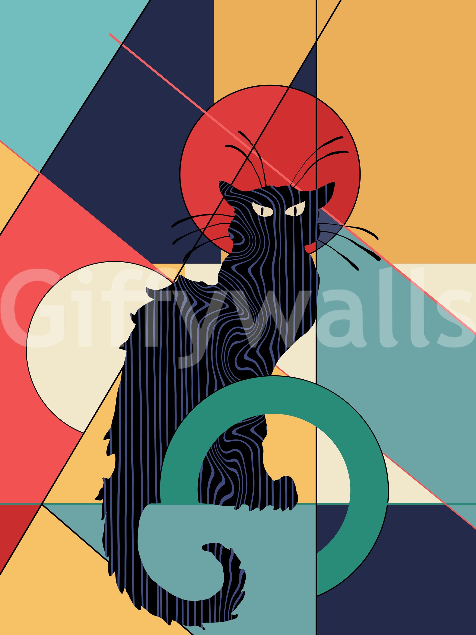 Flat geometric planes and a dark feline define the Black Cat wall mural