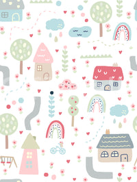 Repeating cottages, clouds, and rainbows form the Baby Village wallpaper layout