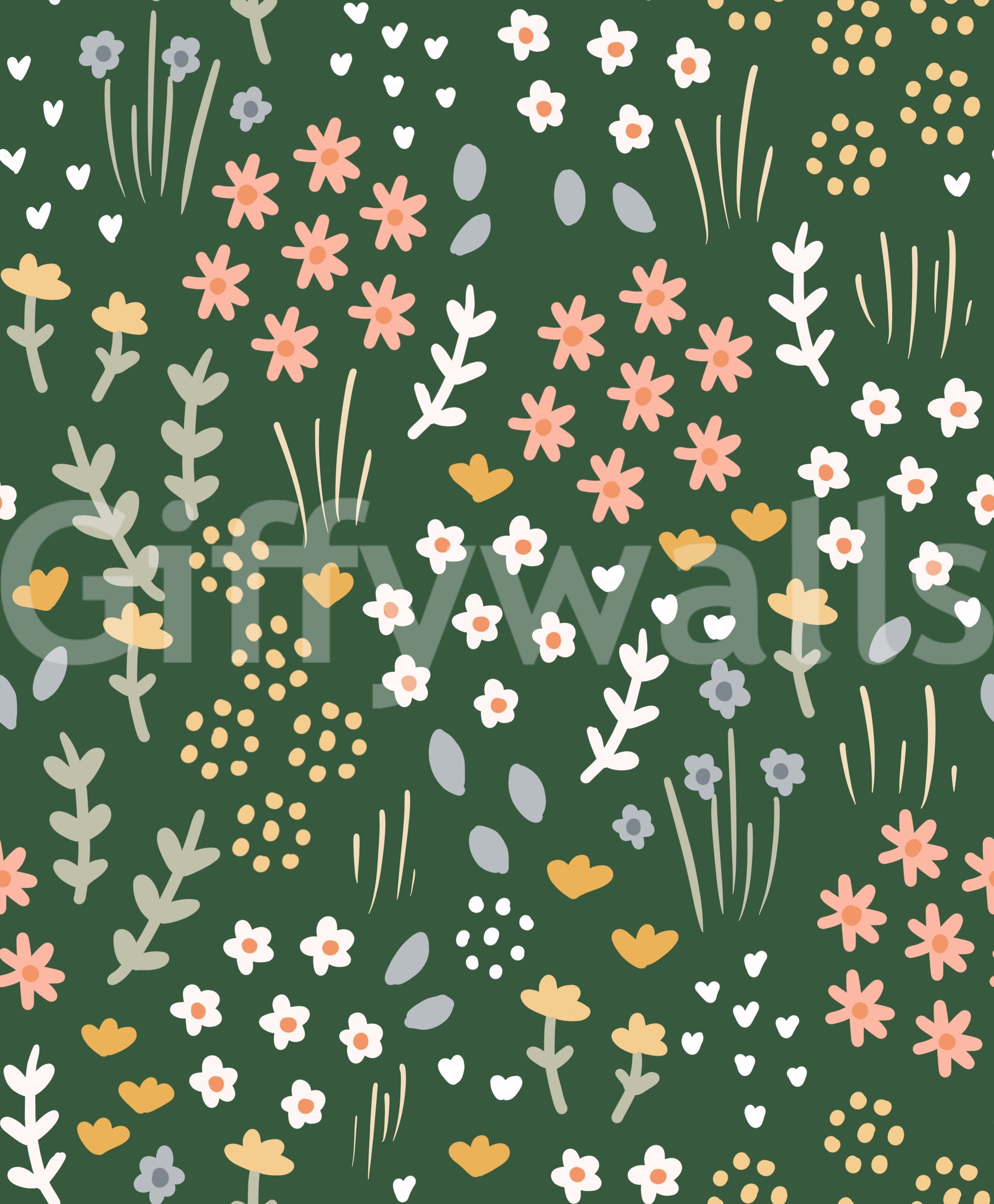 Folk meadow motifs repeat loosely over the Evergreen Floral Wallpaper ground.