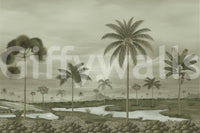 Riverbend Wall Mural showing tropical palms, low greenery, and a faded horizon