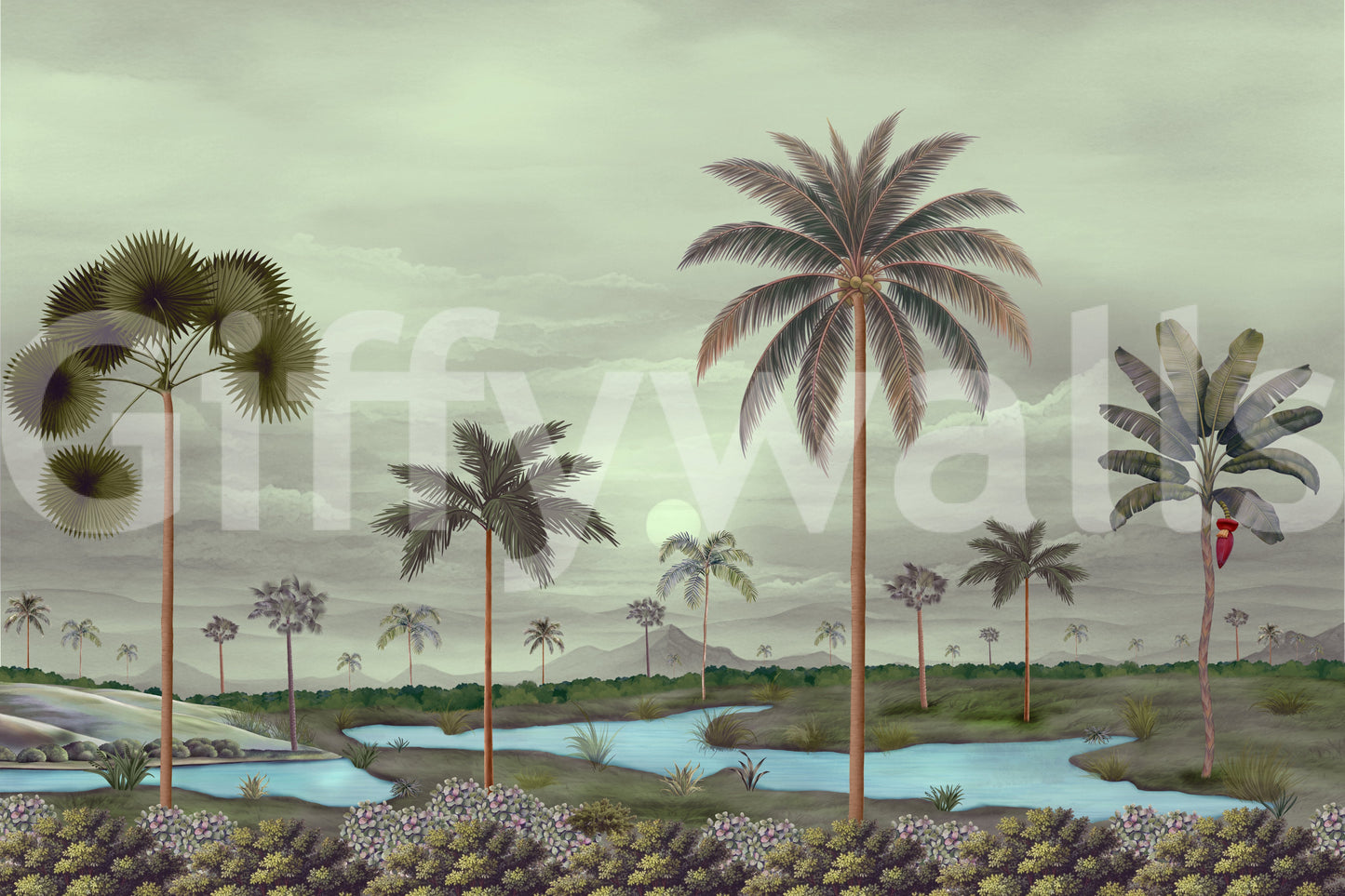 Tropical Serenity mural showing tall palms and a calm riverbank panorama