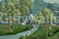 Weeping willow leans toward swans in the Swan Lake Woodland wall mural
