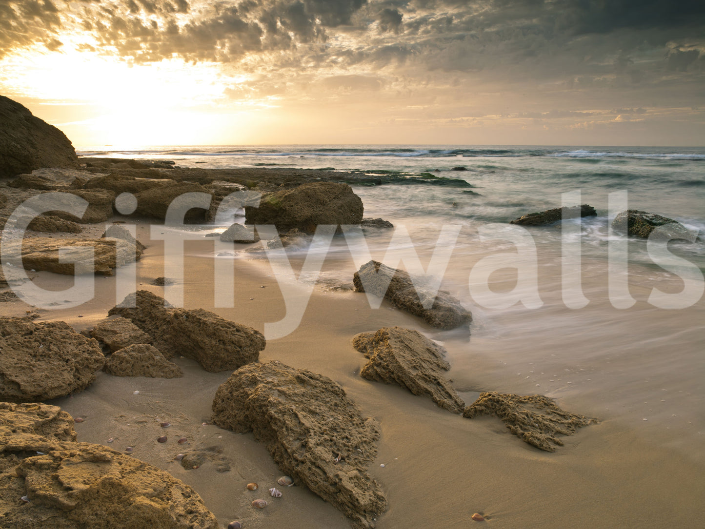 Ocean greens meet golden light in the Golden wall mural
