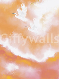 Watercolour wall mural where herons drift above pink cloud banks