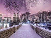 Violet sky meets white snow across the Bow Bridge Winter wall mural