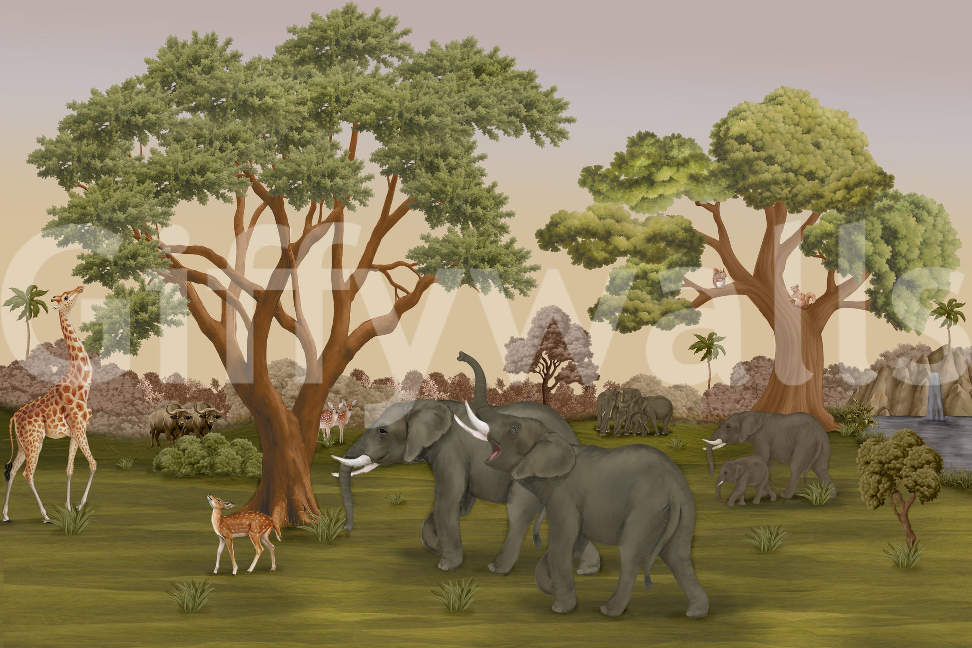 Squirrels rest in the branches of the elephant-themed wall mural