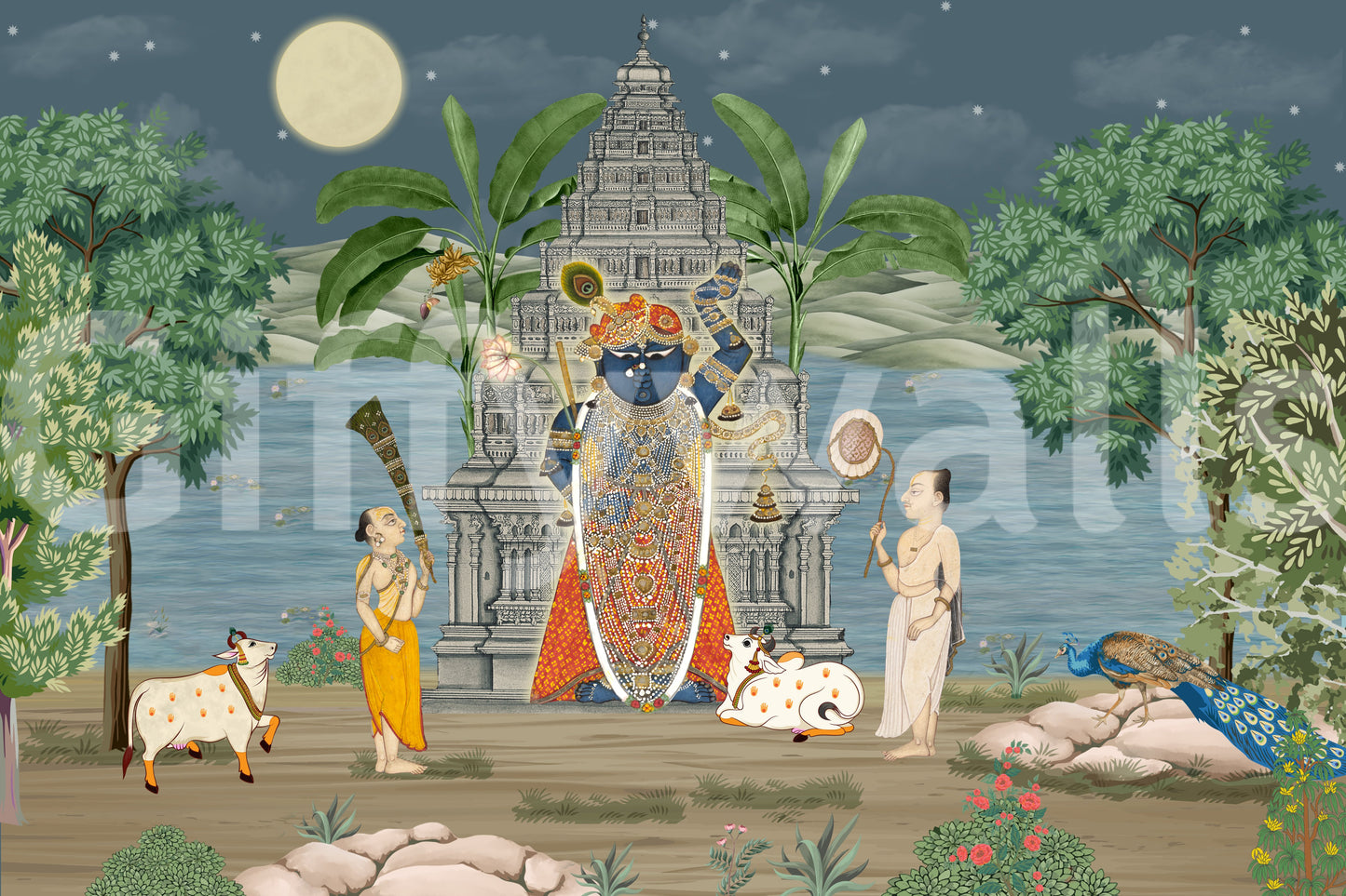 A peacock perches on rocks at the edge of the Divine Realm wall mural