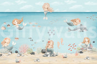 Peach-haired mermaids rest by coral in the Lagoon Dreams wall mural