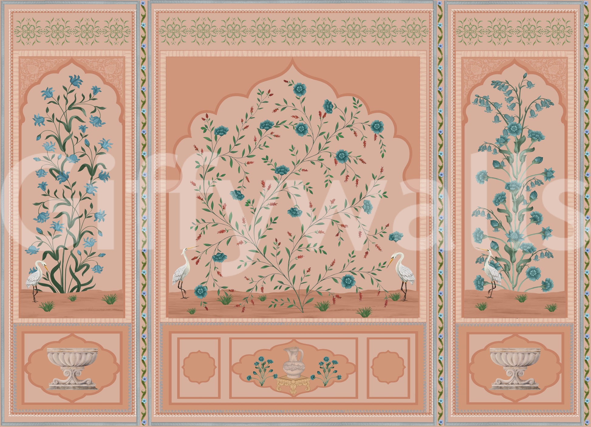 Carved urns sit below trailing florals on the Serene Mughal Garden Panels wall mural