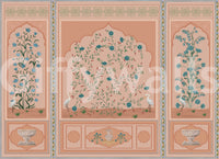 Carved urns sit below trailing florals on the Serene Mughal Garden Panels wall mural