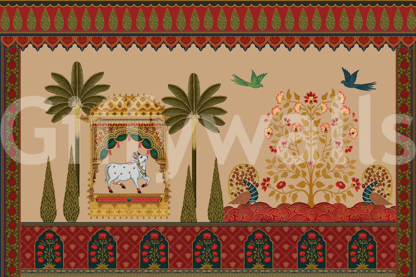 Coral blossom opens along the golden tree on this Pichwai wall mural
