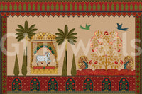 Coral blossom opens along the golden tree on this Pichwai wall mural