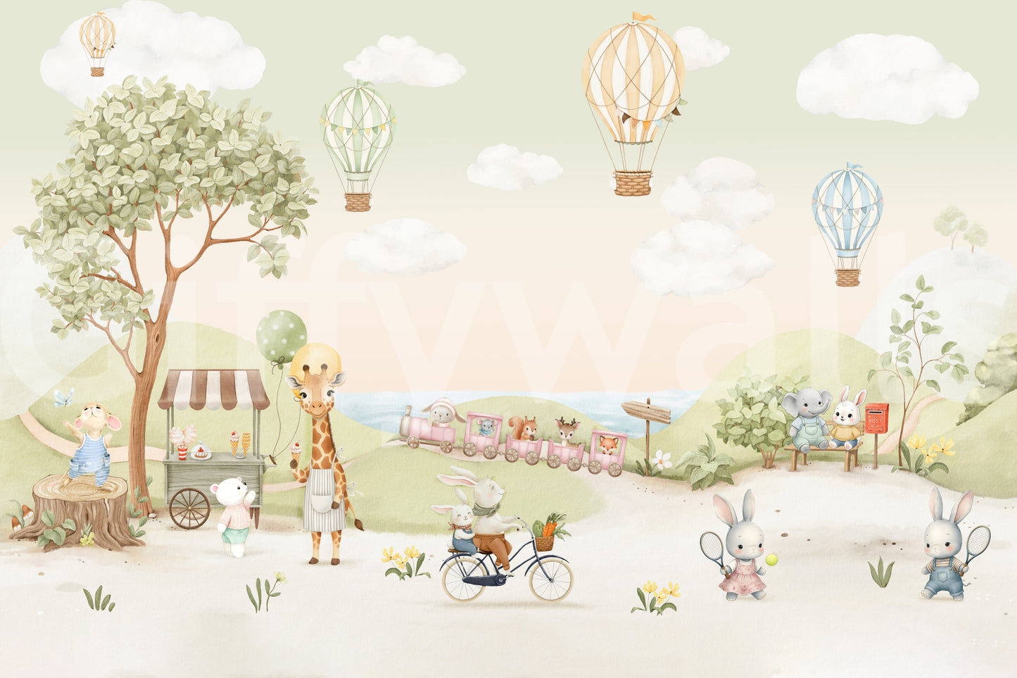 Tennis-playing rabbits gather at one edge of the Animal Adventure wall mural