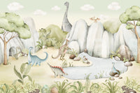 Chalky peaks rise behind the creatures on this Dino World wall mural