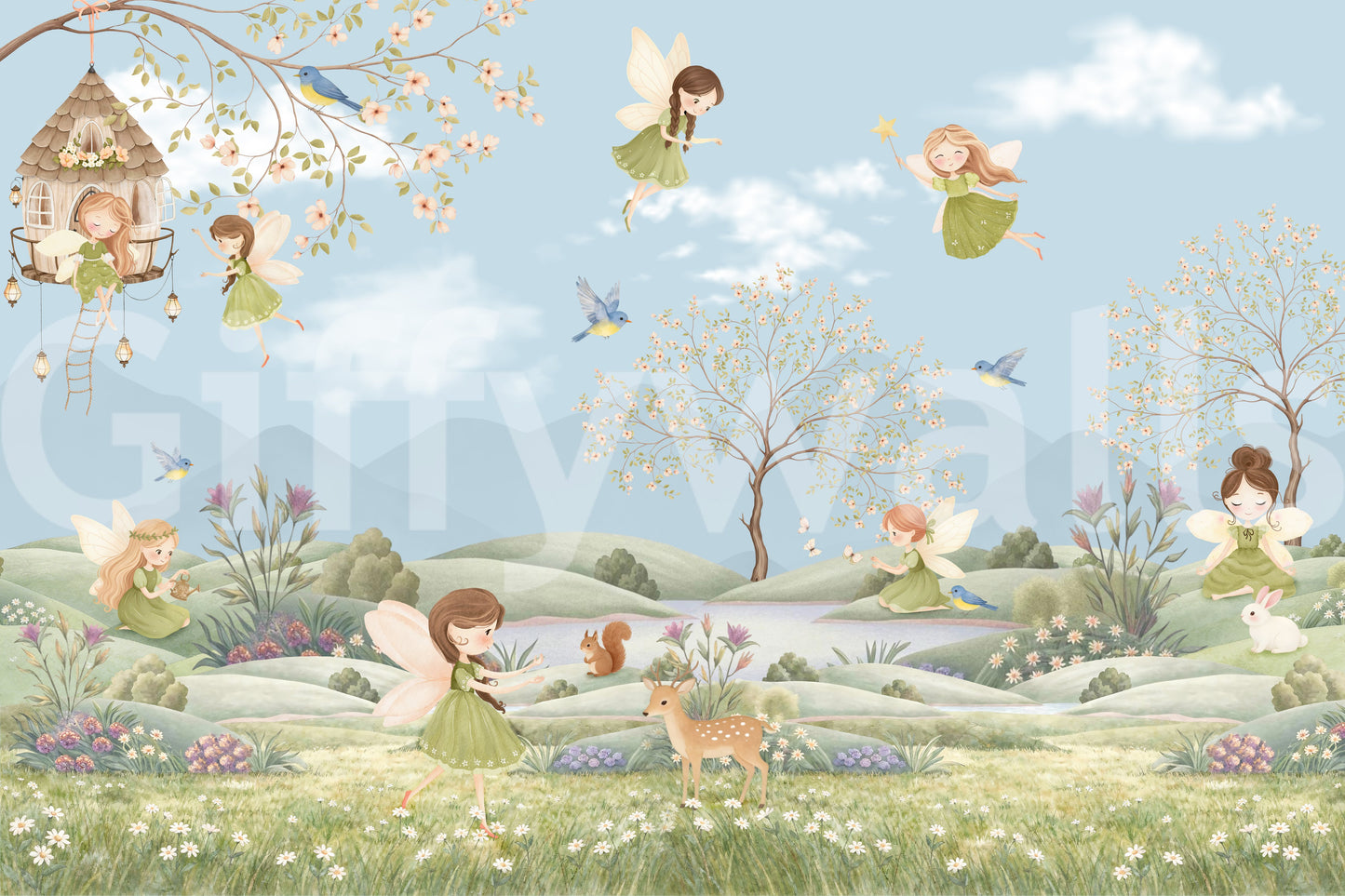 Pale blue sky and drifting clouds frame the Fairy  wall mural