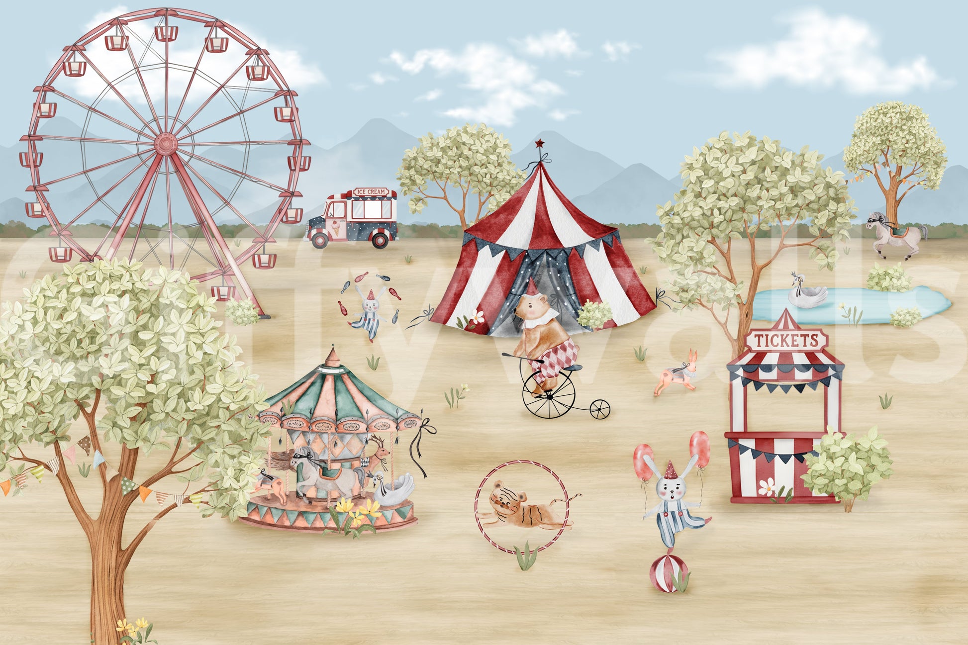 Muted reds and sage greens fill this Carnival Day wall mural