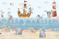 Seagulls drift through pale clouds across the Nautical Friends Ahoy wall mural