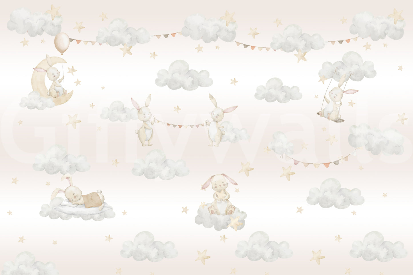 Pale blush background with dove-gray clouds in the Dreamy Bunny Cloud wall mural