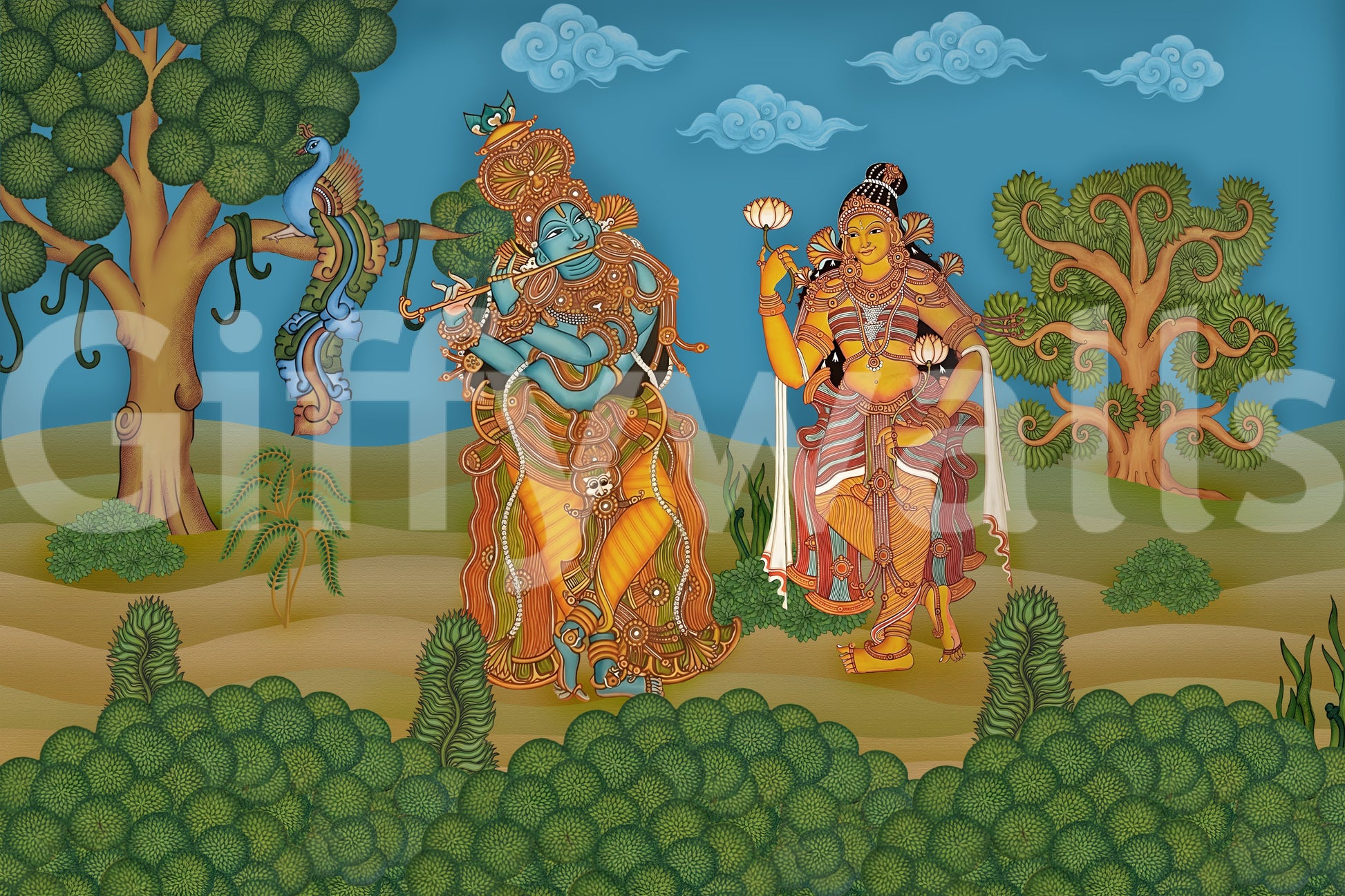 Pale blue sky with calligraphic cloud motifs opens Krishna in the wall mural