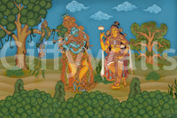 Pale blue sky with calligraphic cloud motifs opens Krishna in the wall mural