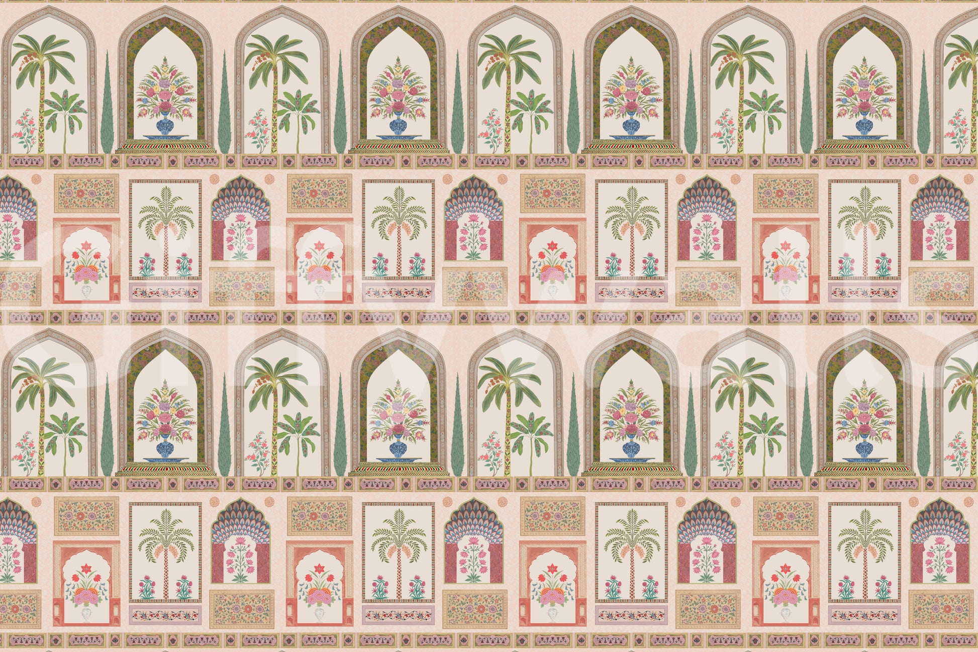 Border bands frame each motif row in the Mughal Garden Palace wall mural