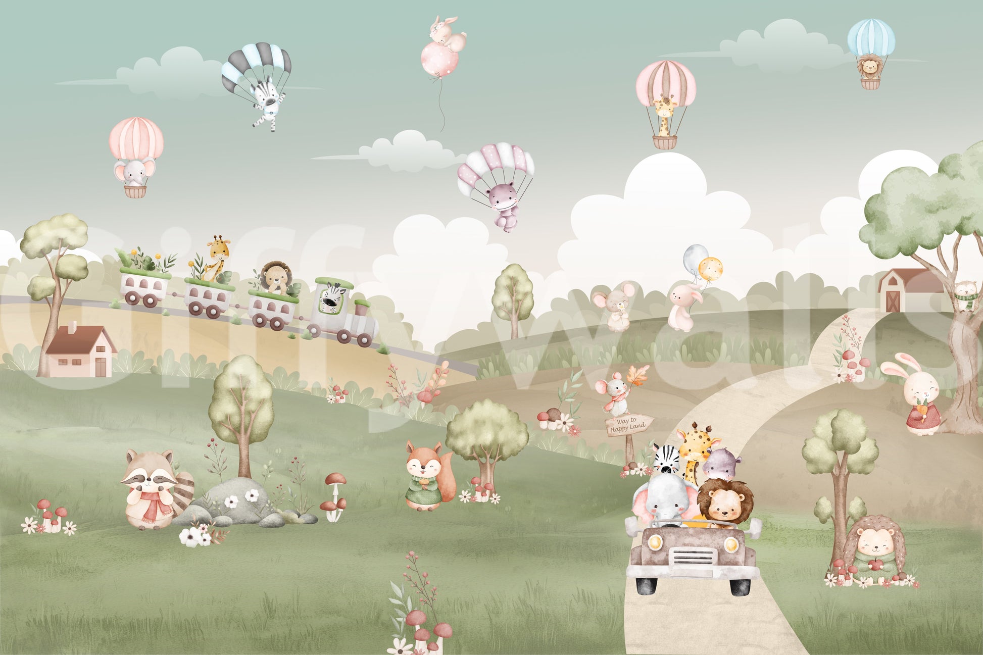 Foxes, and scatter through the meadows of the Whimsical Adventure wall mural