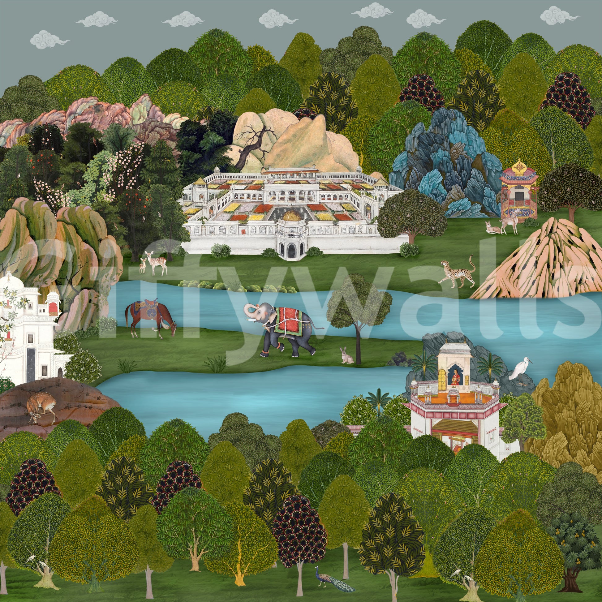 Teal water and hills shape the Mughal Oasis wall mural panel